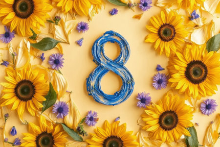 Artistic number 8 with sunflowers and purple flowers on yellow background.の写真素材