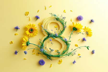 Floral number eight with yellow and purple flowers on yellow background.の写真素材
