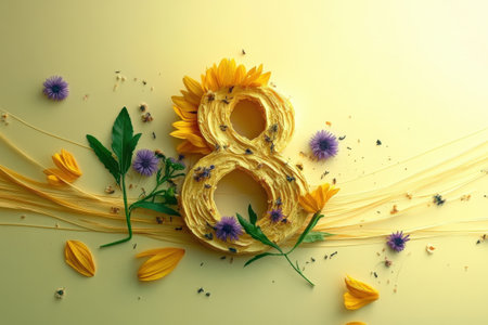 Floral number 8 with sunflowers and purple flowers on yellow background.の写真素材