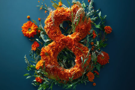 Orange floral number eight on blue background with greenery.