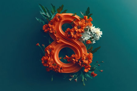 Floral number eight with vibrant orange and white flowers on teal background.の写真素材