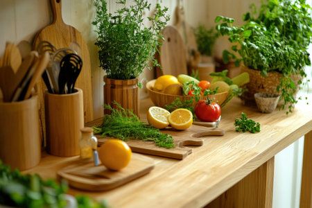 Rustic kitchen counter with fresh herbs and vegetables in wooden containers.
