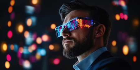 Young caucasian male in colorful led glasses with blurred city lights at night.の写真素材
