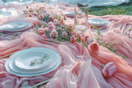 Elegant outdoor picnic setting with pink roses and fine China on pastel fabric.の写真素材