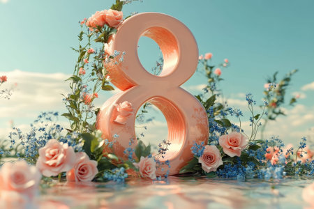 Floral number eight with roses and wildflowers in dreamy outdoor setting.