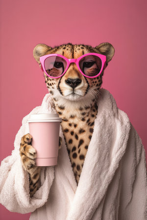 Fashionable cheetah in sunglasses with coffee against pink background.の写真素材