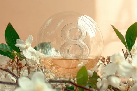 Transparent glass sphere with number eight surrounded by white flowers and green leaves.
