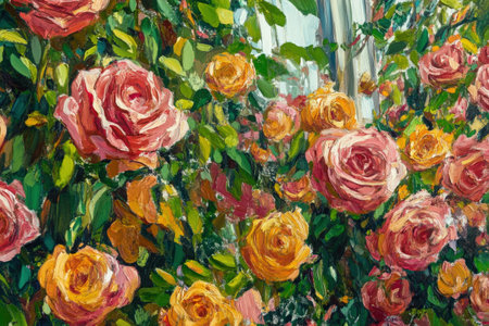 Vibrant oil painting of pink and orange roses in full bloom with lush green leaves.の写真素材