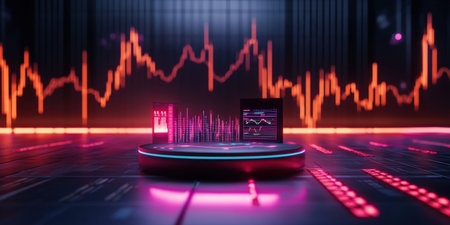 Futuristic financial dashboard with neon data visualizations.