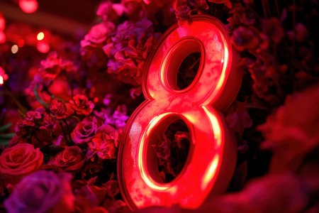 Glowing red number eight amidst vibrant pink and red flowers.