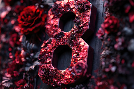 Floral number eight with red and black roses in artistic arrangement.の写真素材