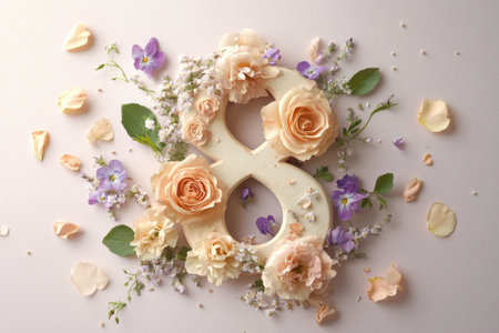 Romantic floral number eight with pastel roses and purple flowers on soft background.の写真素材