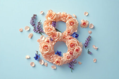 Floral number 8 with peach roses and purple blossoms on soft blue background.の写真素材