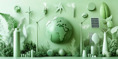 Eco-friendly energy and sustainability concept with renewable energy icons and green earth.の写真素材