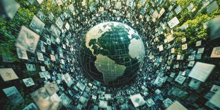 Digital earth surrounded by floating images in a virtual space.の写真素材