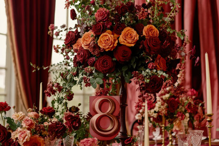 Elegant floral centerpiece with number eight amidst red and orange roses.の写真素材