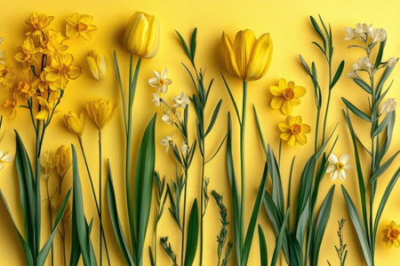 Vibrant yellow and white spring flowers on bright yellow background.の写真素材