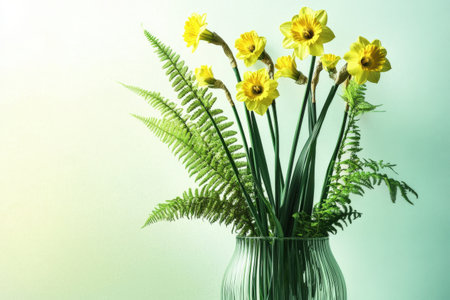 Vibrant yellow daffodils and lush ferns in elegant glass vase.の写真素材