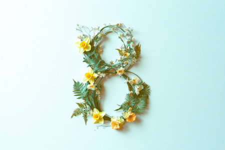 Floral number eight with yellow flowers and green leaves on light background.