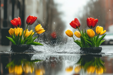 Vibrant red and yellow tulips splashing in urban rainy street reflection.の写真素材