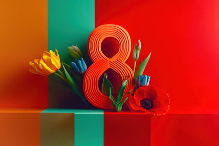 Vibrant number eight with colorful flowers on multicolored background.