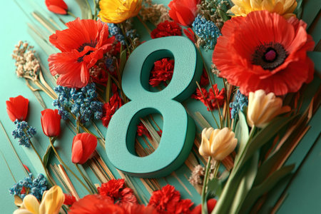 Vibrant floral number eight with colorful spring flowers on teal background.の写真素材