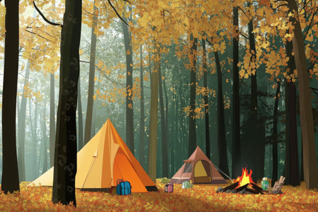 Autumn forest camp: yellow tents, trees, campfire, fall foliage, outdoor adventure.の写真素材