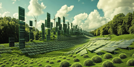 Futuristic solar-powered city with solar panels and wind turbines in lush green landscape.の写真素材