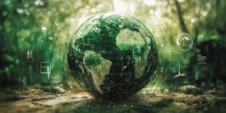 Digital earth in lush green forest with technology icons and mapping details.の写真素材