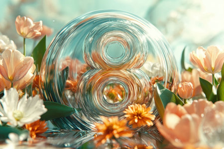 Glass number eight surrounded by colorful spring flowers and greenery in soft light.の写真素材