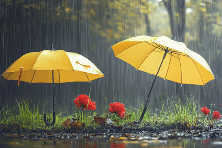 Bright yellow umbrellas shelter red flowers from rain in lush green field.の写真素材