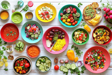 Colorful variety of fresh vegetables and dishes on a wooden table.の写真素材