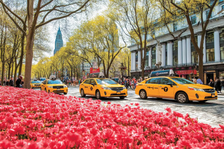 New york city spring: yellow taxis and blooming tulips on a sunny day.の写真素材