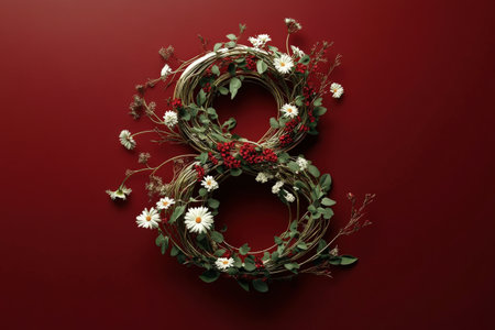 Floral number 8 wreath with daisies and red flowers on deep red background.の写真素材