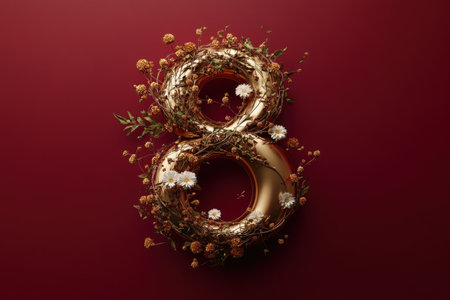 Elegant floral-adorned golden number eight on deep red background.の写真素材