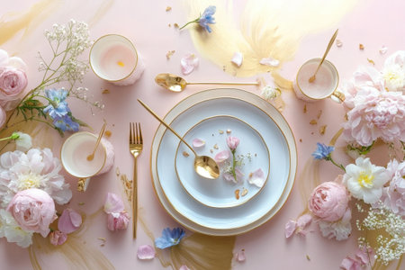 Elegant table setting with gold utensils and pastel flowers on pink background.の写真素材