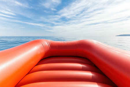 Perspective from a red inflatable raft on a calm ocean with blue sky.の写真素材