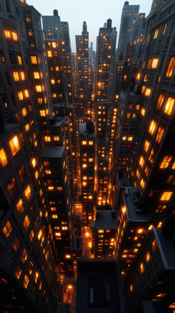 Densely packed urban skyscrapers illuminated at dusk.の写真素材