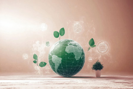 Sustainable earth concept with green globe and digital technology elements.の写真素材