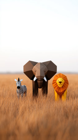 Geometric animal figures in african grassland: elephant, zebra, lion.の写真素材