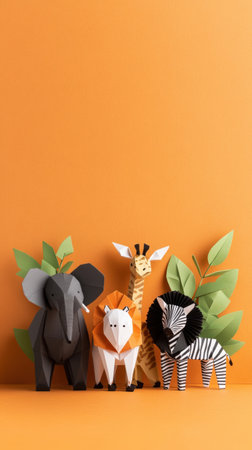 Colorful origami safari animals on orange background.の写真素材
