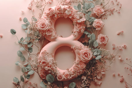 Elegant floral number 8 with pink roses and eucalyptus on soft background.の写真素材