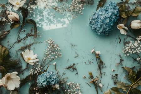 Elegant floral arrangement on light blue surface with white and blue flowers.の写真素材