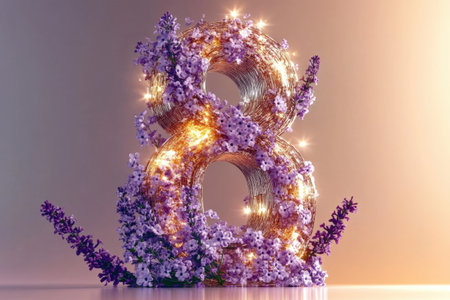 Illuminated floral number eight sculpture with purple blossoms.の写真素材