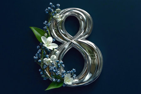 Floral adorned silver number eight with white and blue flowers on dark background.の写真素材