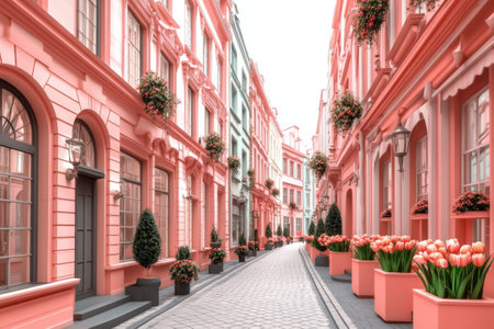 Charming pink European street with colorful flowers and vintage architecture.の写真素材