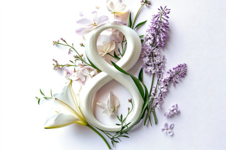 Elegant floral number eight with lilies and lavender arrangement on white background.の写真素材