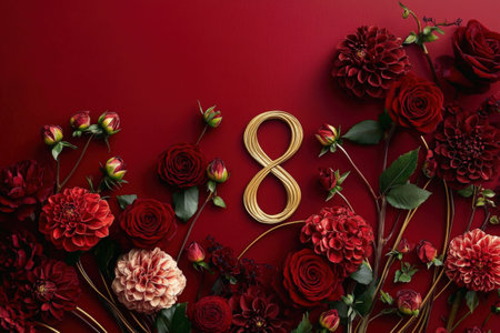 Elegant red floral arrangement with golden number eight on deep red background.の写真素材