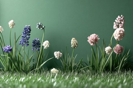 Variety of pastel hyacinths in bloom against green background.の写真素材