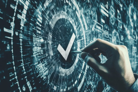 Hand drawing checkmark in digital technology interface background.の写真素材